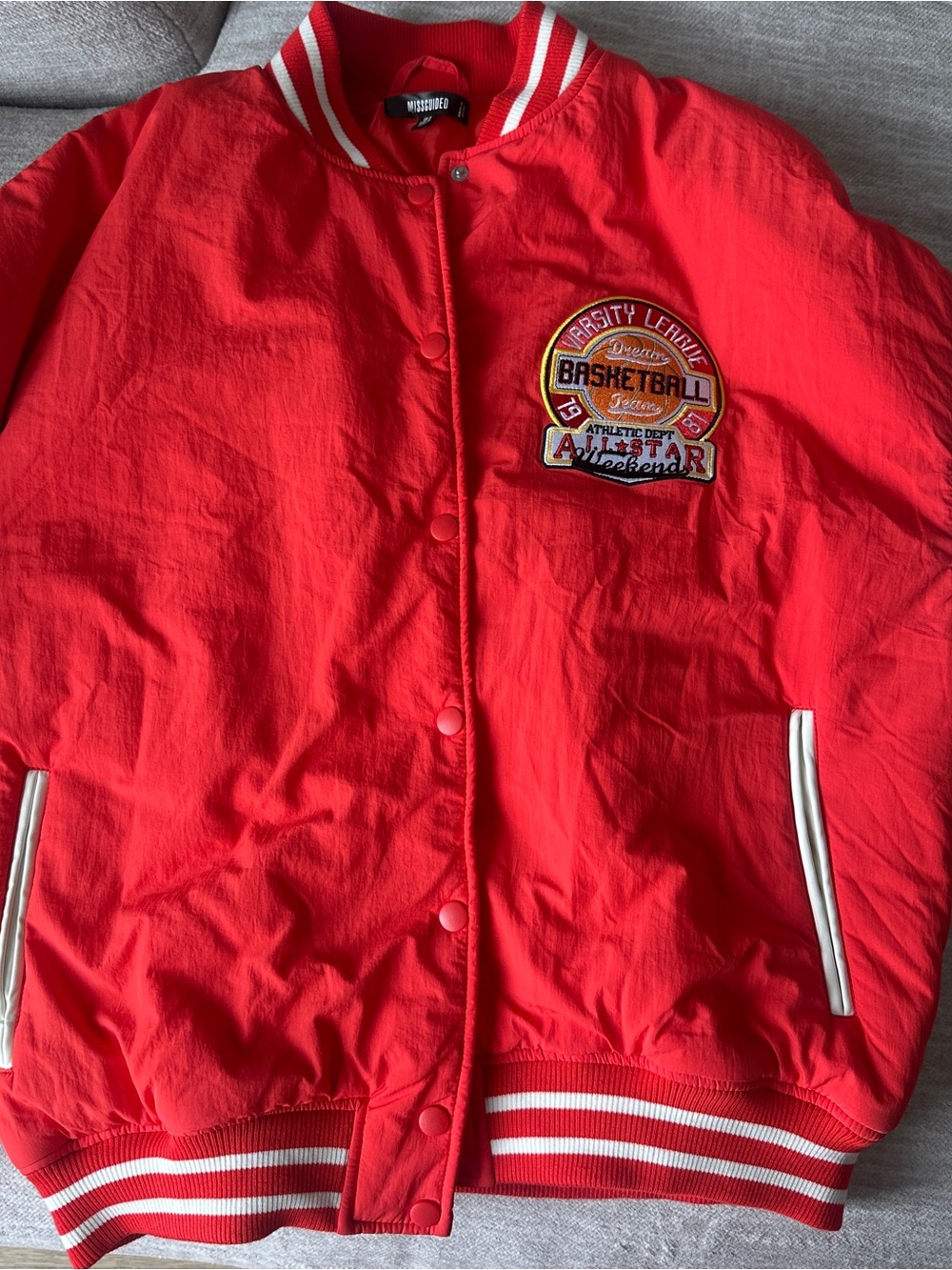 Missguided Red Varsity Bomber Jacket with Basketball Patch